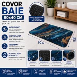 Covoras de baie antiderapant, Absorbant,  Uscare rapida, Din spuma poliuretanica si microfibra moale, Covor modern pentru dus, Cada, Lavoar sau toaleta, Albastru, 60 x 40 cm