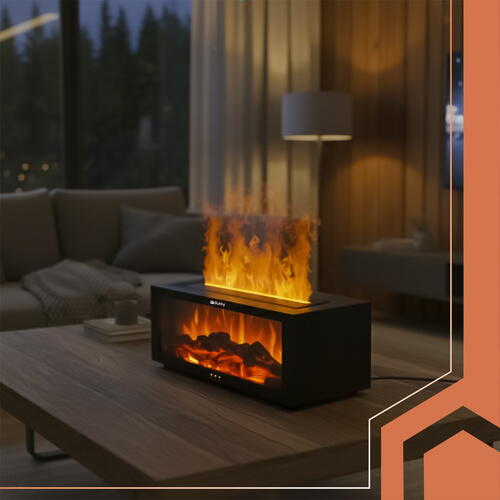 Umidificator de aer cu ultrasunete, Difuzor aromaterapie 150ML, Temporizator, Cu iluminat LED, Efect flacara, pentru casa si birou