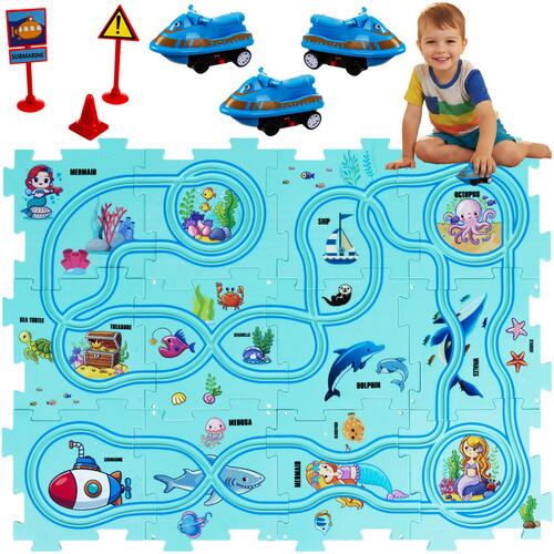 Set 25 piese cu masinuta, traseu puzzle racer, jucarie interactiva cu desene din mare, semne de circulatie si combinatii multiple