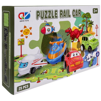 Set 25 piese cu masinuta, traseu puzzle racer, jucarie interactiva cu desene din mare, semne de circulatie si combinatii multiple