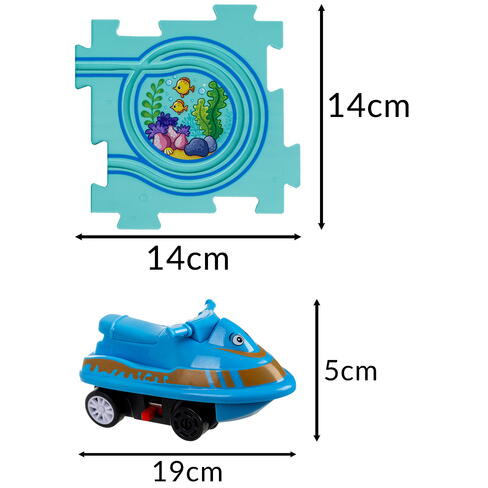 Set 25 piese cu masinuta, traseu puzzle racer, jucarie interactiva cu desene din mare, semne de circulatie si combinatii multiple