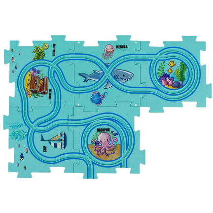 Set 25 piese cu masinuta, traseu puzzle racer, jucarie interactiva cu desene din mare, semne de circulatie si combinatii multiple