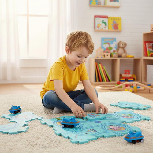 Set 25 piese cu masinuta, traseu puzzle racer, jucarie interactiva cu desene din mare, semne de circulatie si combinatii multiple