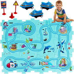 Set 25 piese cu masinuta, traseu puzzle racer, jucarie interactiva cu desene din mare, semne de circulatie si combinatii multiple