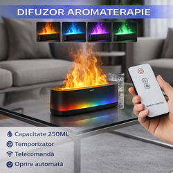 Umidificator de aer cu ultrasunete, Difuzor aromaterapie 250ML, Temporizator, Cu iluminat LED, Efect flacara, pentru casa si birou