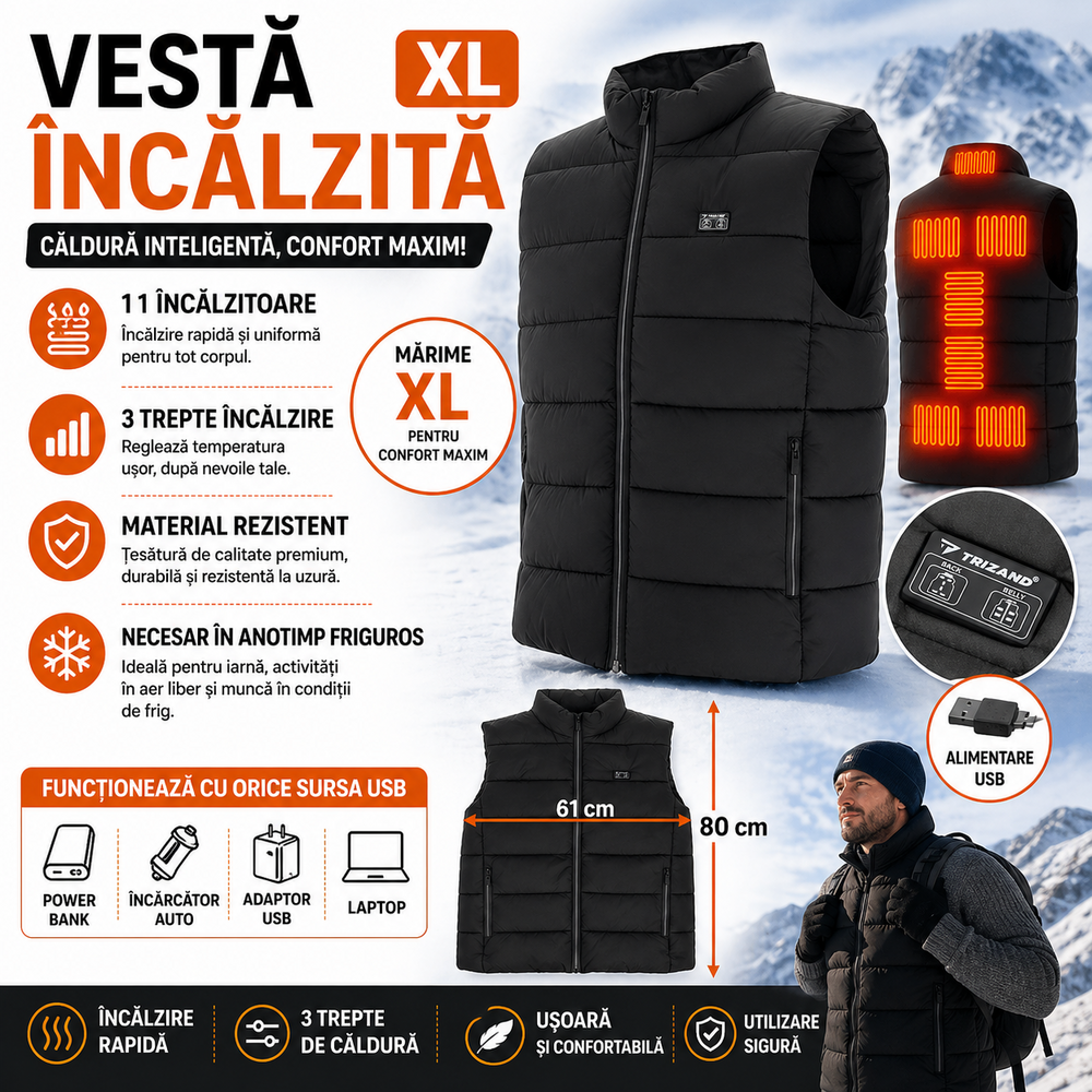 SMARTECH Vesta incalzita cu 3 setari de caldura, 11 incalzitoare si conexiune USB la baterie externa, Unisex, Marime XL, Negru