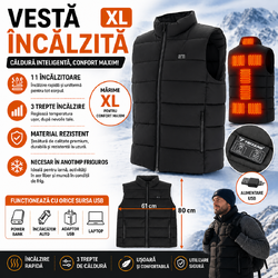 Vesta incalzita cu 3 setari de caldura, 11 incalzitoare si conexiune USB la baterie externa, Unisex, Marime XL, Negru