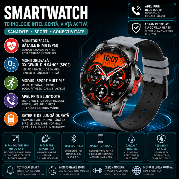 SmartWatch cu Meniu Ro, Apel Bluetooth, Ritm Cardiac, Nivel Oxigen, Calculator, Calendar, Vreme, Moduri Sport, Calorii, Alarma S874