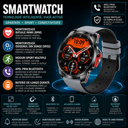 SmartWatch cu Meniu Ro, Apel Bluetooth, Ritm Cardiac, Nivel Oxigen, Calculator, Calendar, Vreme, Moduri Sport, Calorii, Alarma S874