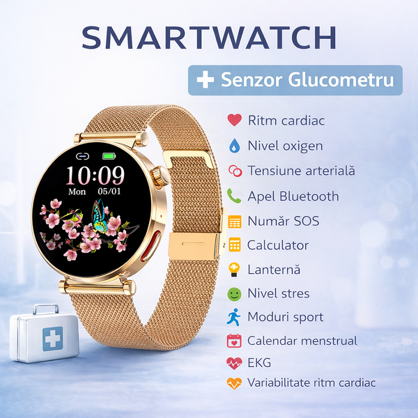 SmartWatch cu Senzor Glucometru, BIA, Ritm Cardiac, Nivel Oxigen, Tensiune Arteriala, EKG, Temperatura Corporala, Apel Bluetooth, SOS, Calculator, Ciclu Menstrual S879
