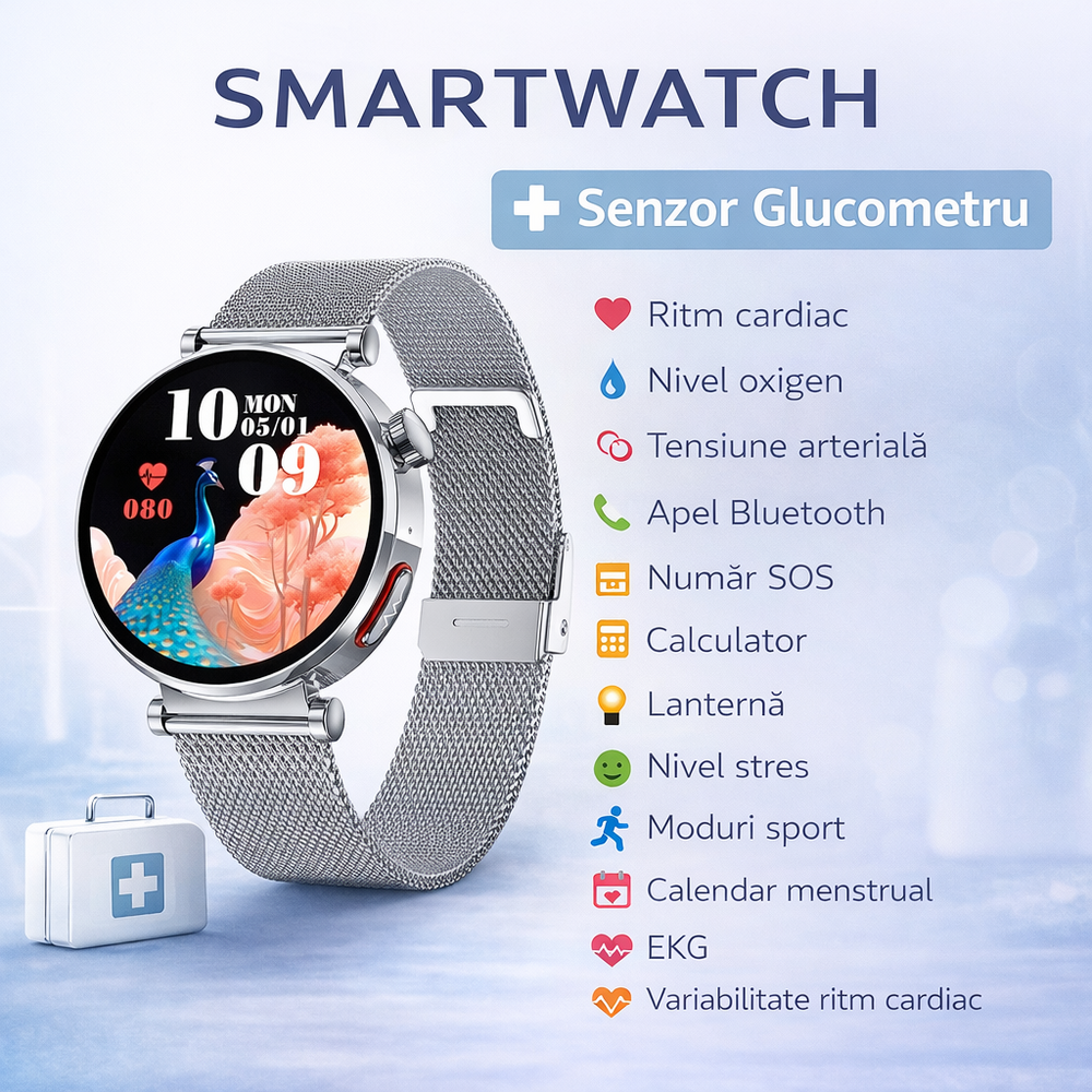 SMARTECH SmartWatch cu Senzor Glucometru, BIA, Ritm Cardiac, Nivel Oxigen, Tensiune Arteriala, EKG, Temperatura Corporala, Apel Bluetooth, SOS, Calculator, Ciclu Menstrual S880