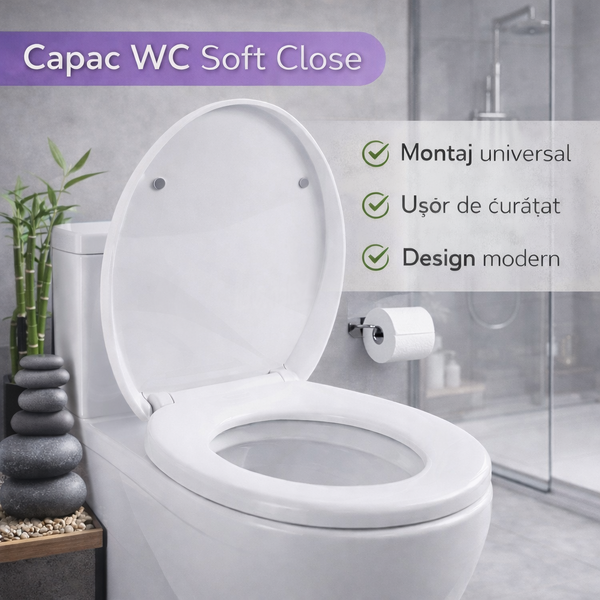 Capac WC cu Soft Close, Sistem Inchidere Lenta, Montaj Universal, Usor de Curatat, Kit de Montaj inclus, Alb