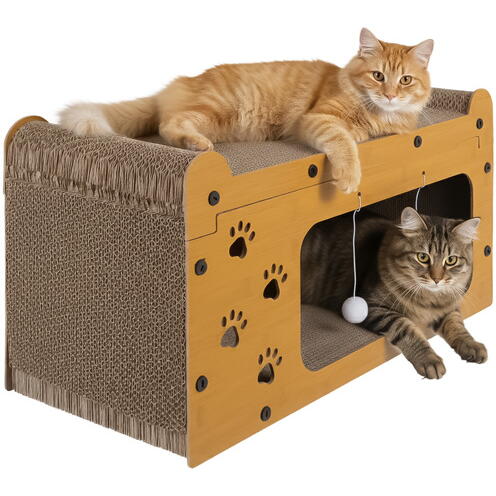 Zgarietor pentru pisic, Tip pat, 2 niveluri, din lemn, cu jucarie suspendata, spatiu mare