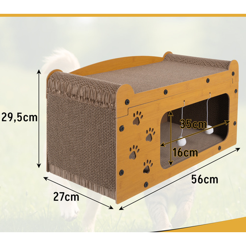 Zgarietor pentru pisic, Tip pat, 2 niveluri, din lemn, cu jucarie suspendata, spatiu mare