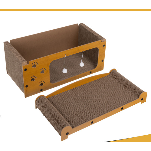 Zgarietor pentru pisic, Tip pat, 2 niveluri, din lemn, cu jucarie suspendata, spatiu mare