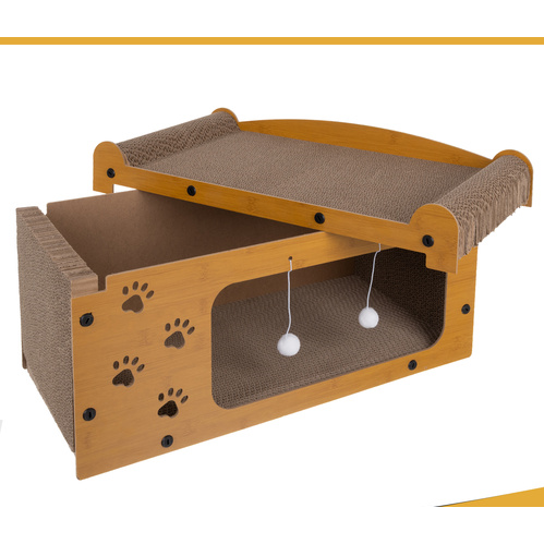 Zgarietor pentru pisic, Tip pat, 2 niveluri, din lemn, cu jucarie suspendata, spatiu mare