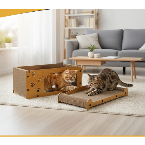 Zgarietor pentru pisic, Tip pat, 2 niveluri, din lemn, cu jucarie suspendata, spatiu mare