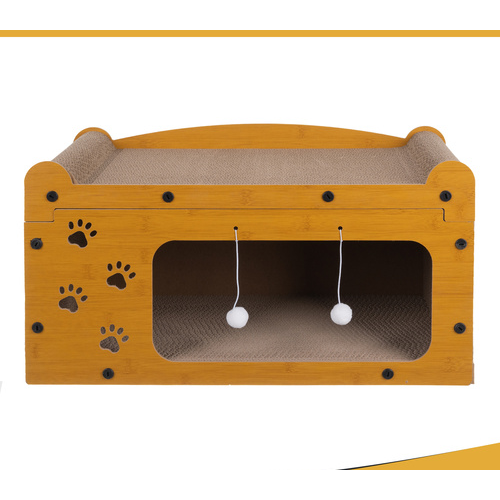 Zgarietor pentru pisic, Tip pat, 2 niveluri, din lemn, cu jucarie suspendata, spatiu mare