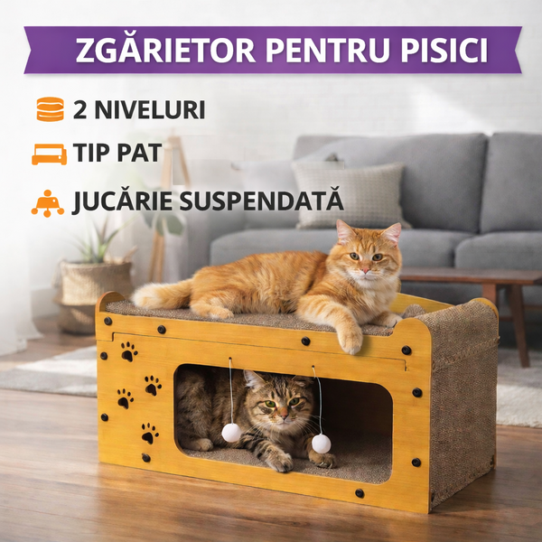 Zgarietor pentru pisici, Tip pat, 2 niveluri, din lemn, cu jucarie suspendata, spatiu mare