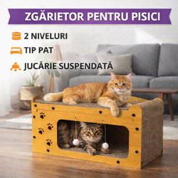 Zgarietor pentru pisici, Tip pat, 2 niveluri, din lemn, cu jucarie suspendata, spatiu mare