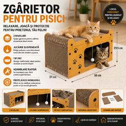 Zgarietor pentru pisici, Tip pat, 2 niveluri, din lemn, cu jucarie suspendata, spatiu mare