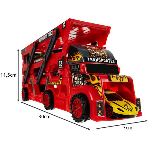 Set de joaca, Camion cu Masinute, Mega transportator de 6 masini, Echipament cu 3 platforme, 30x11.5x7 cm