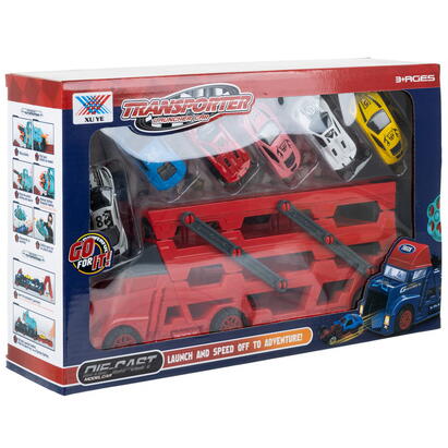Set de joaca, Camion cu Masinute, Mega transportator de 6 masini, Echipament cu 3 platforme, 30x11.5x7 cm
