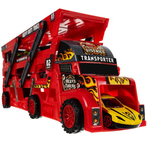 Set de joaca, Camion cu Masinute, Mega transportator de 6 masini, Echipament cu 3 platforme, 30x11.5x7 cm