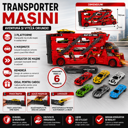 Set de joaca, Camion cu Masinute, Mega transportator de 6 masini, Echipament cu 3 platforme, 30x11.5x7 cm