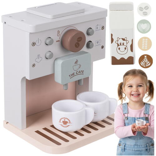 Aparat de cafea de jucarie, Espressor Pentru Copii, Montessori Café Junior,  2 Cani, Cutie lapte, Capsule cafea, Lemn