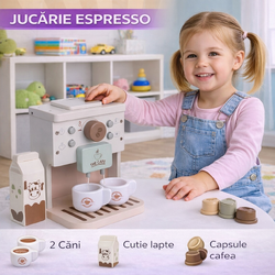 Aparat de cafea de jucarie, Espressor Pentru Copii, Montessori Café Junior,  2 Cani, Cutie lapte, Capsule cafea, Lemn