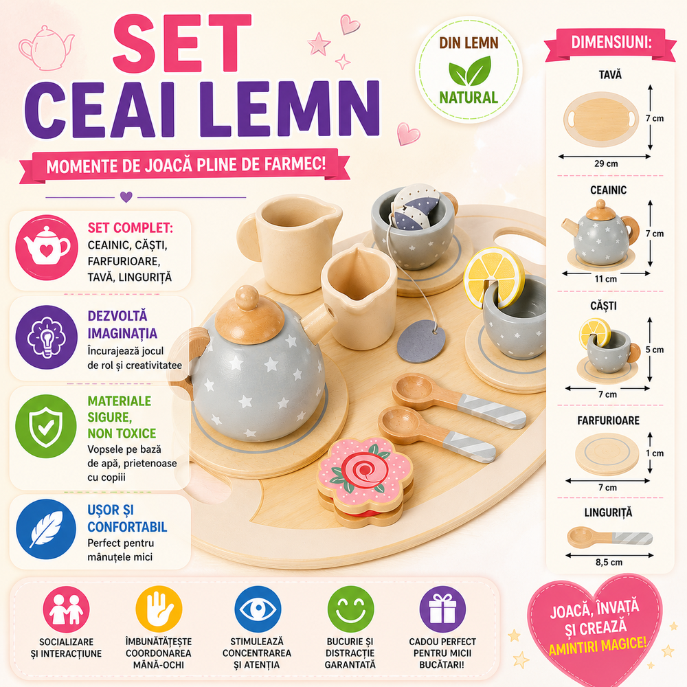 SMARTECH Set de ceai din lemn pentru copii cu accesorii, Montessori, 15 piese, Verde pastel