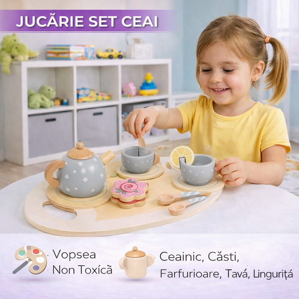 Set de ceai din lemn pentru copii cu accesorii, Montessori, 15 piese, Verde pastel