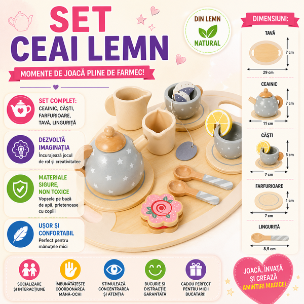Set de ceai din lemn pentru copii cu accesorii, Montessori, 15 piese, Verde pastel