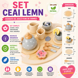Set de ceai din lemn pentru copii cu accesorii, Montessori, 15 piese, Verde pastel