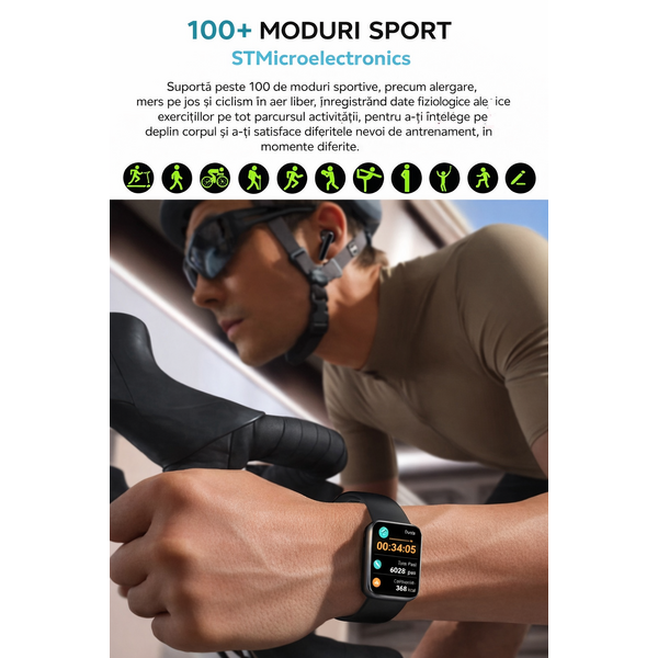 SmartWatch Cu Apel Bluetooth, Ritm Cardiac, Nivel Oxigen, Tensiune Arteriala, Moduri Sport, Calorii, Monitorizare Somn, Meniu RO, Nivel Stres, Calculator S882