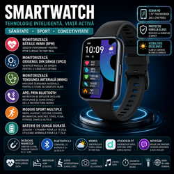 SmartWatch Cu Apel Bluetooth, Ritm Cardiac, Nivel Oxigen, Tensiune Arteriala, Moduri Sport, Calorii, Monitorizare Somn, Meniu RO, Nivel Stres, Calculator S882