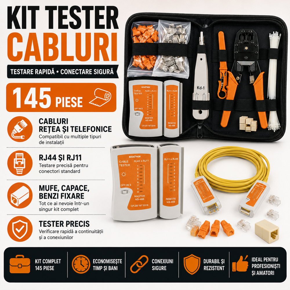 SMARTECH Kit instrumente de retea si tester cabluri 2 in 1, 145 piese, compatibil mufe cabluri retea si telefonice, RJ45/RJ11, husa depozitare, 27 x 15.5 x 6 cm