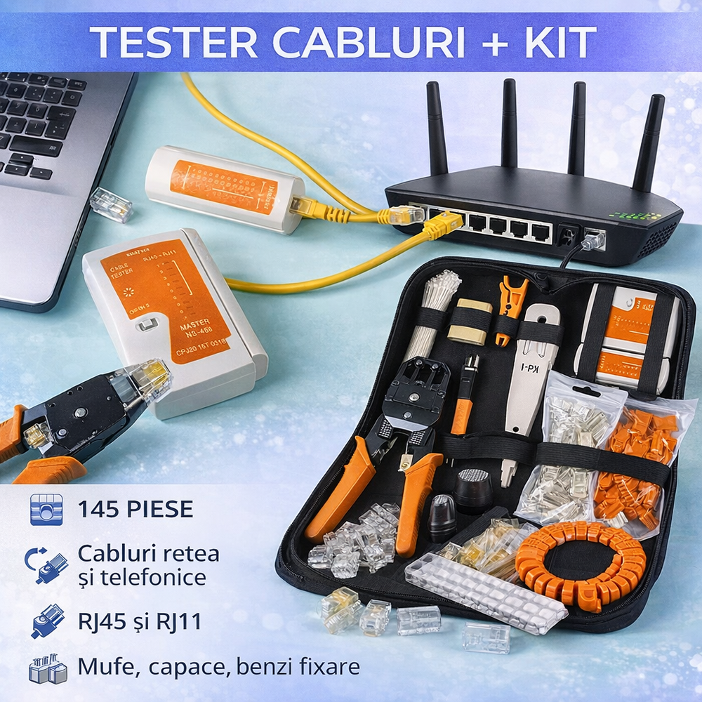 SMARTECH Kit instrumente de retea si tester cabluri 2 in 1, 145 piese, compatibil mufe cabluri retea si telefonice, RJ45/RJ11, husa depozitare, 27 x 15.5 x 6 cm