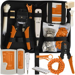 Kit instrumente de retea si tester cabluri 2 in 1, 145 piese, compatibil mufe cabluri retea si telefonice, RJ45/RJ11, husa depozitare, 27 x 15.5 x 6 cm