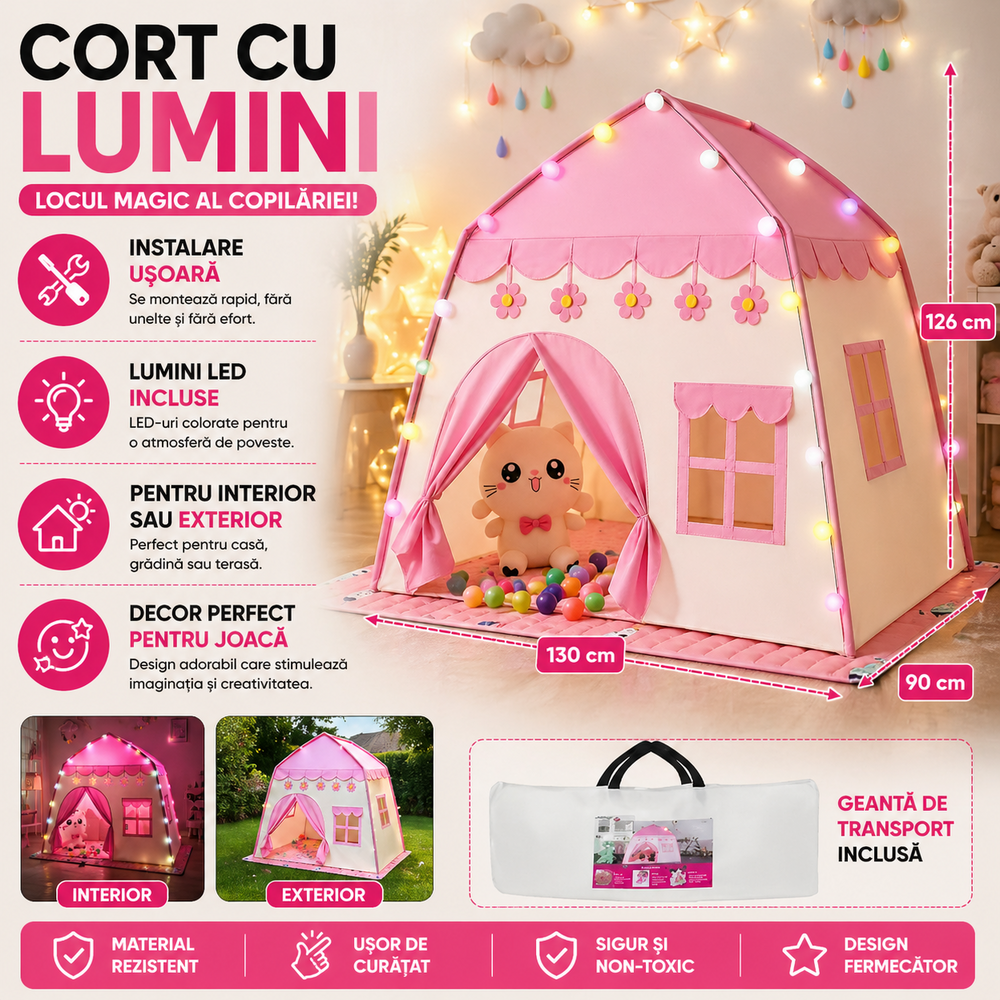 SMARTECH Cort pentru copii cu LED, 126x130x90cm, 20 lumini, multicolor