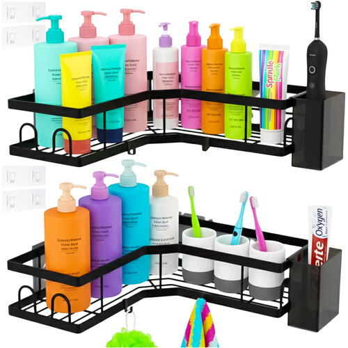 1+1 GRATIS Set Raft de Dus cu Etajere Colt pentru Baie, din Otel Inoxidabil, Organizator Baie cu Montare Usoara fara Gaurire, Design Modern, Negru