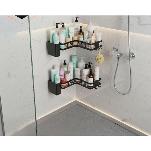 1+1 GRATIS Set Raft de Dus cu Etajere Colt pentru Baie, din Otel Inoxidabil, Organizator Baie cu Montare Usoara fara Gaurire, Design Modern, Negru