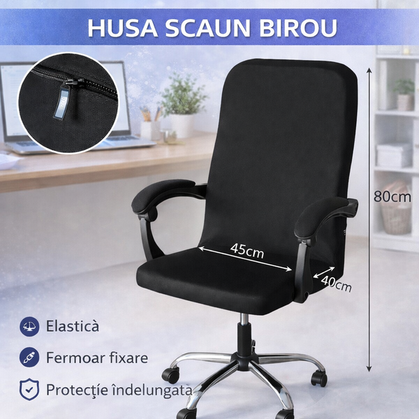 Husa universala pentru scaun de birou, banda elastica si fermoar pentru fixare, neagra, poliester, inaltime maxima a spatarului cu sezutul 80 cm, 40 x 45 x 9 cm