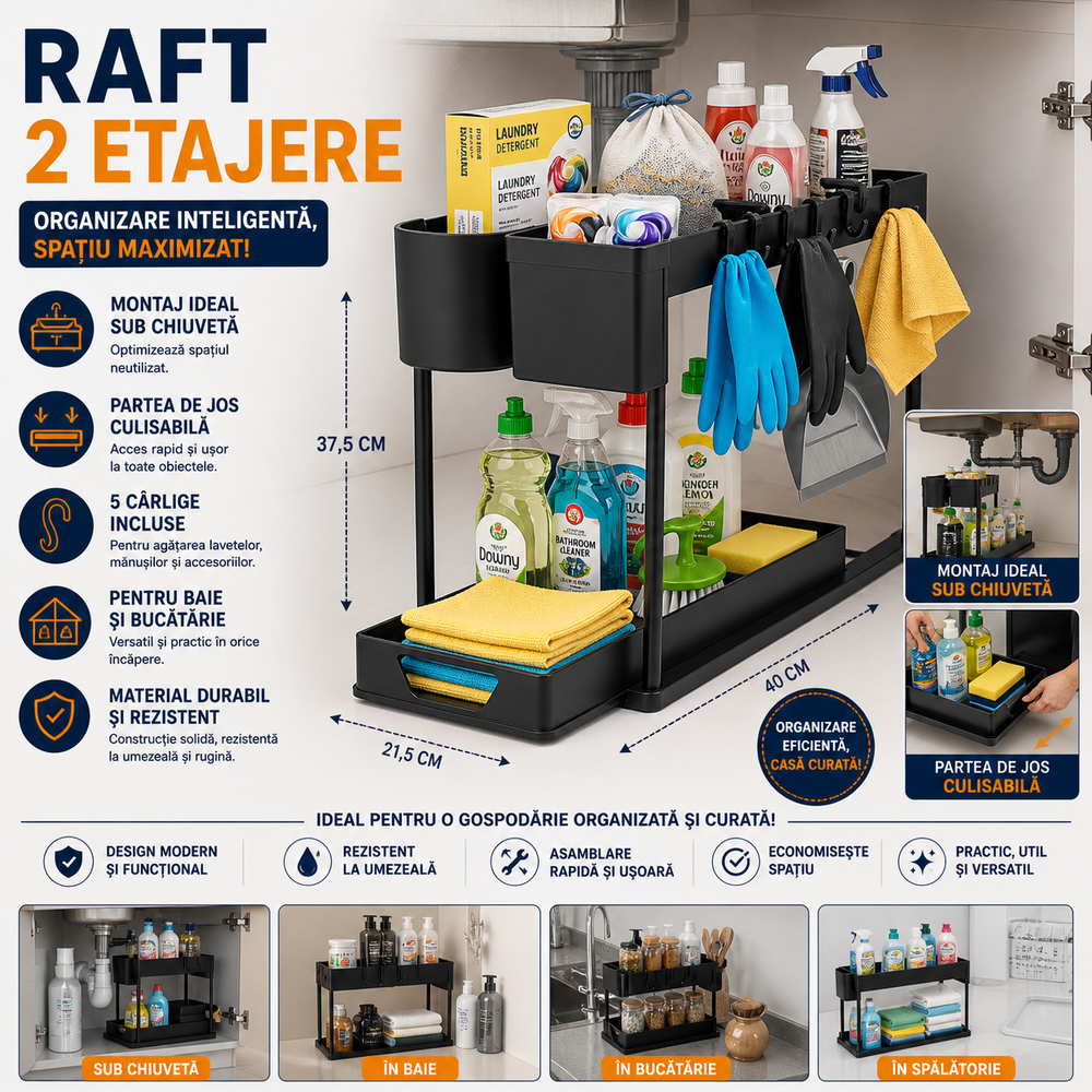 SMARTECH Raft organizator pentru sub chiuveta, 2 niveluri, extensibil, 5 cârlige, negru, 40x21.5x37.5cm