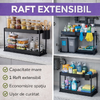 Raft organizator pentru sub chiuveta, 2 niveluri, extensibil, 5 cârlige, negru, 40x21.5x37.5cm