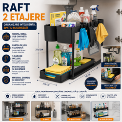 Raft organizator pentru sub chiuveta, 2 niveluri, extensibil, 5 cârlige, negru, 40x21.5x37.5cm