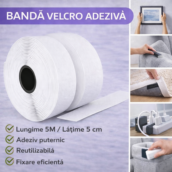 Banda velcro adeziva, Banda cu scai si adeziv, Reutilizabila, Latime 5 cm, Lungime 5 m, Alb