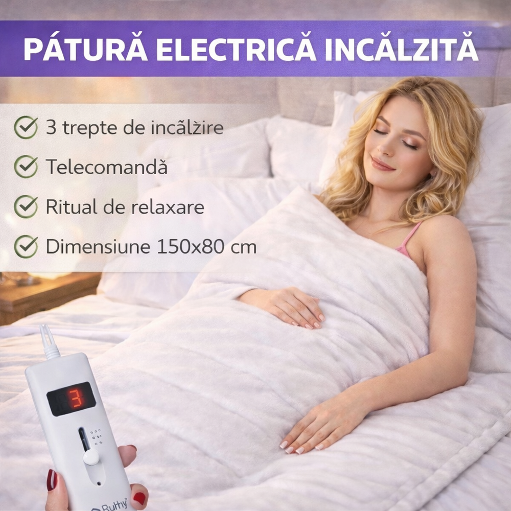 SMARTECH Patura Electrica Incalzita 150x80, moale, 3 trepte temperatura, 65 W, telecomanda, Alba