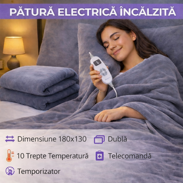 Patura Electrica Incalzita 180 x 130 cm, Dubla, 10 niveluri incalzire, temporizator 1-9 h, telecomanda, poliester, gri